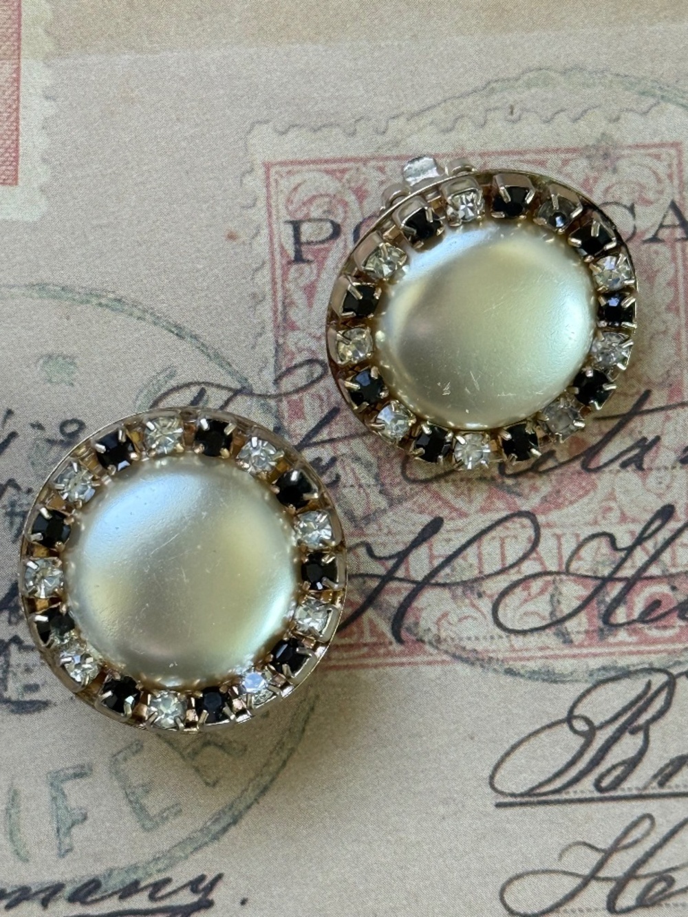 VINTAGE PARK LANE Faux Pearl Rhinestone Button Clip Earrings MCM